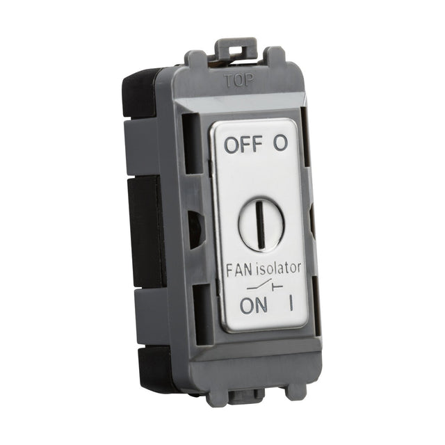 Close-up of a Knightsbridge grid system 10A Fan Isolator Key Switch Module - Polished Chrome with OFF and ON positions. The switch is set to the OFF position and labeled FAN isolator. The polished chrome casing features gray and black accents in a vertical orientation, integrating seamlessly into the versatile grid system.
