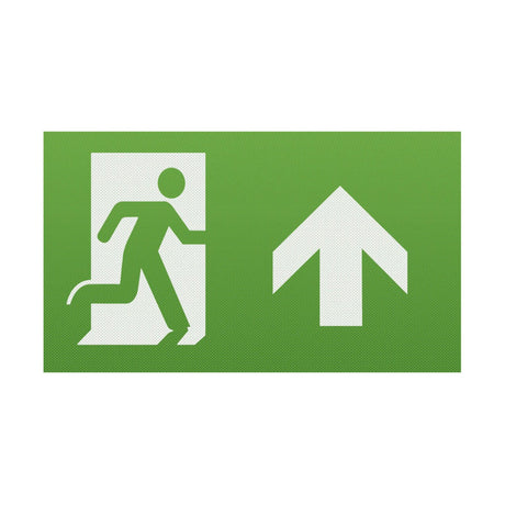 Green polycarbonate emergency exit sign part of the "Running Man Arrow Up (Kit Of 2) For EM Range," showing a figure sprinting toward an open door on the left, with an upward arrow on the right directing to the nearest EMEXIT.