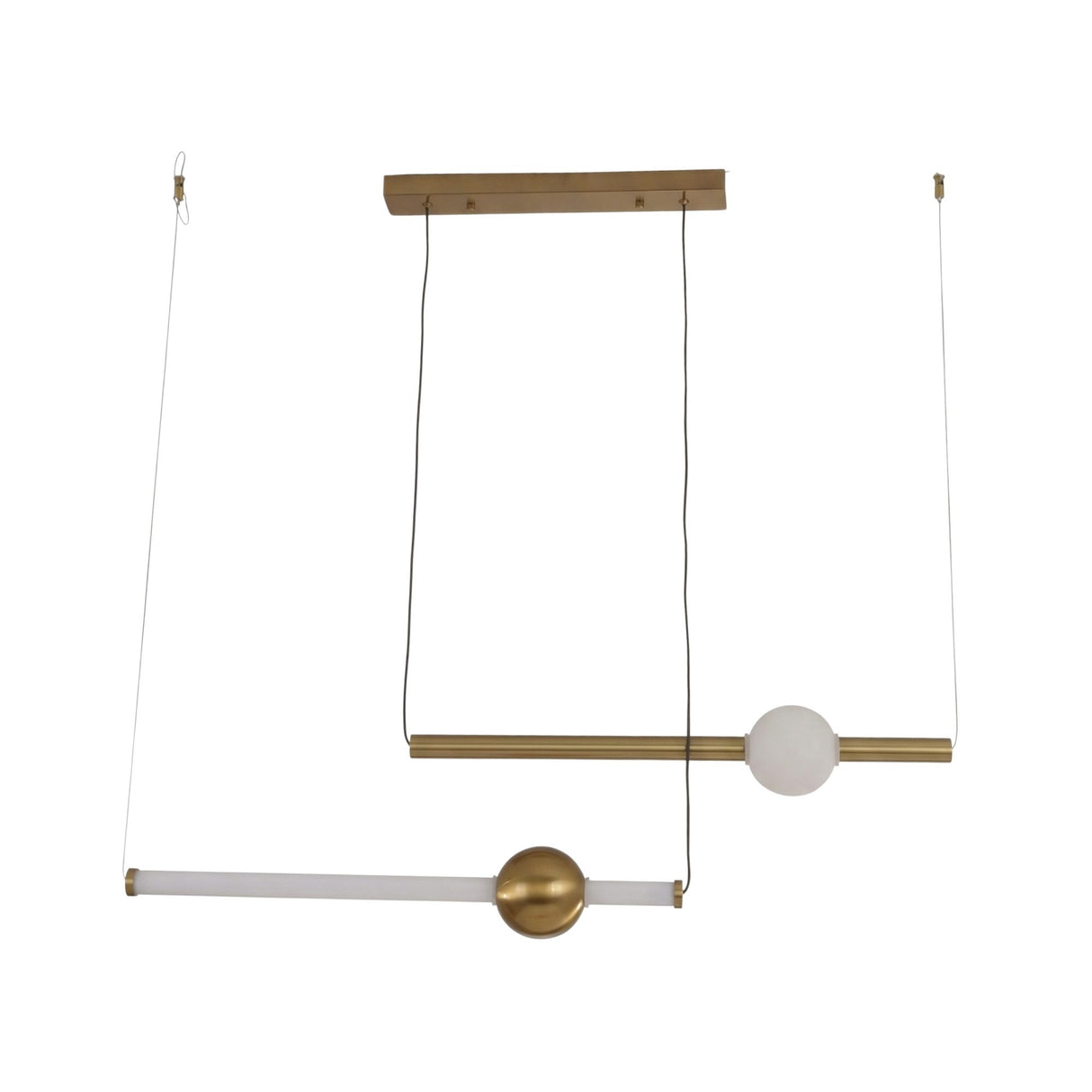 Niori Sottile LED horizontal suspension light with two brushed gold linear tubes, frosted white opal globe and rectangular canopy on a white background.
