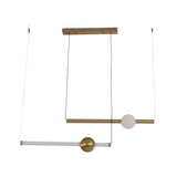 Niori Sottile LED horizontal suspension light with two brushed gold linear tubes, frosted white opal globe and rectangular canopy on a white background.