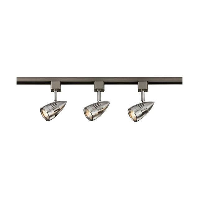 The Track Lighting Kit 1m in brushed chrome boasts a sleek and modern design, featuring three adjustable, GU10-compatible conical spotlights along a straight rail for focused and evenly spaced illumination.