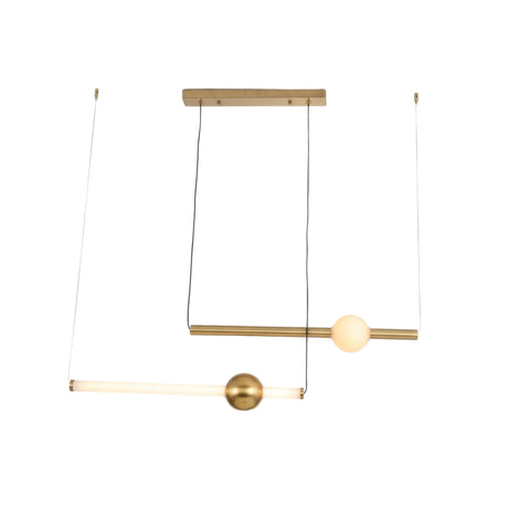 Niori Sottile LED horizontal suspension light with two slim brushed gold linear tubes, a frosted white opal globe, and wire suspension on a white background.
