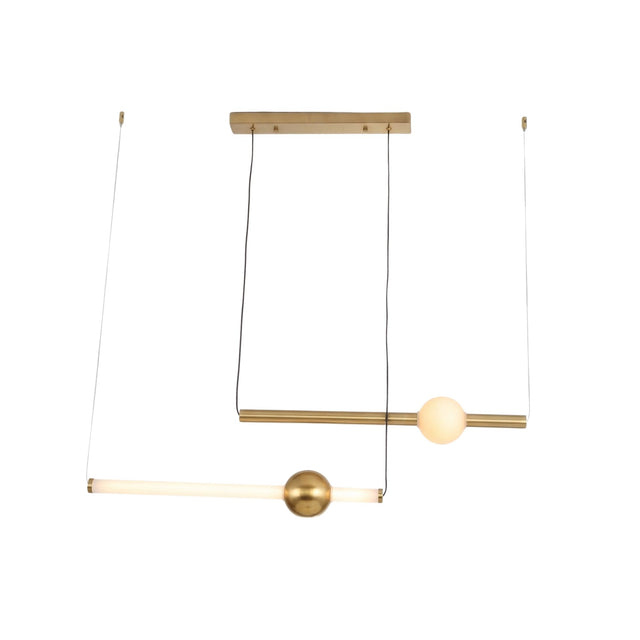 Niori Sottile LED horizontal suspension light with two slim brushed gold linear tubes, a frosted white opal globe, and wire suspension on a white background.