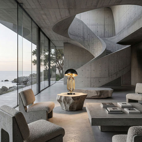 Modern concrete living room with large glass windows, minimalist furniture, a sculptural spiral staircase, and the Ascot 4 Light Small Table Lamp in Black & Gold on a geometric table. Natural light fills the spacious interior.