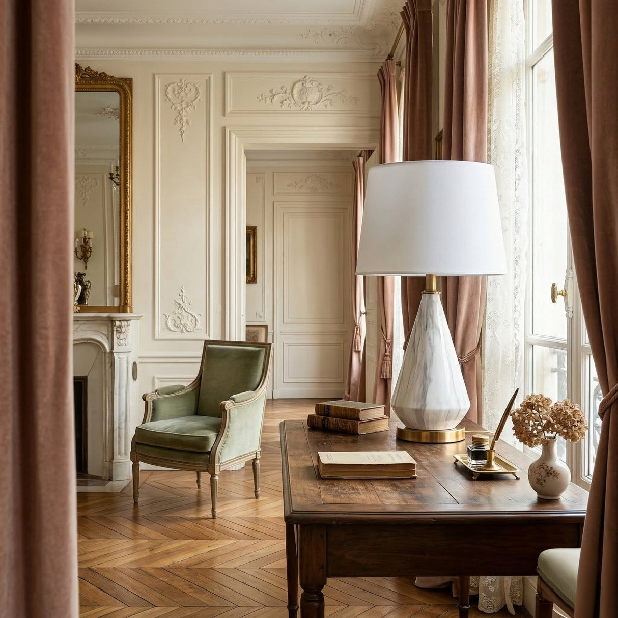 Elegant living room with a vintage armchair, marble fireplace, ornate mirror, and large windows with pink curtains. A wooden desk displays books, dried flowers, and the Calvero 1 Light Diamond Facet Marble Table Lamp in White & Brass. Sunlight fills the space.