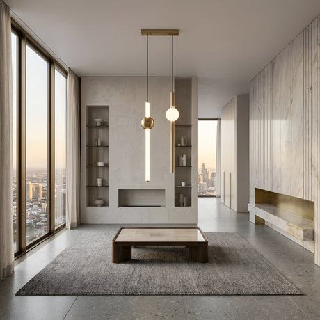 Minimalist living room with floor-to-ceiling city-view windows, a Sottile LED Vertical Suspension Light in gold for modern lighting, a low wood table on a gray rug, built-in shelves, and light marble walls featuring gold accents.