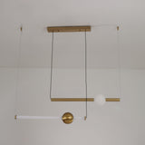 Niori Sottile LED horizontal suspension light with brushed gold linear tubes and a frosted white opal globe, shown wire-suspended from a ceiling.