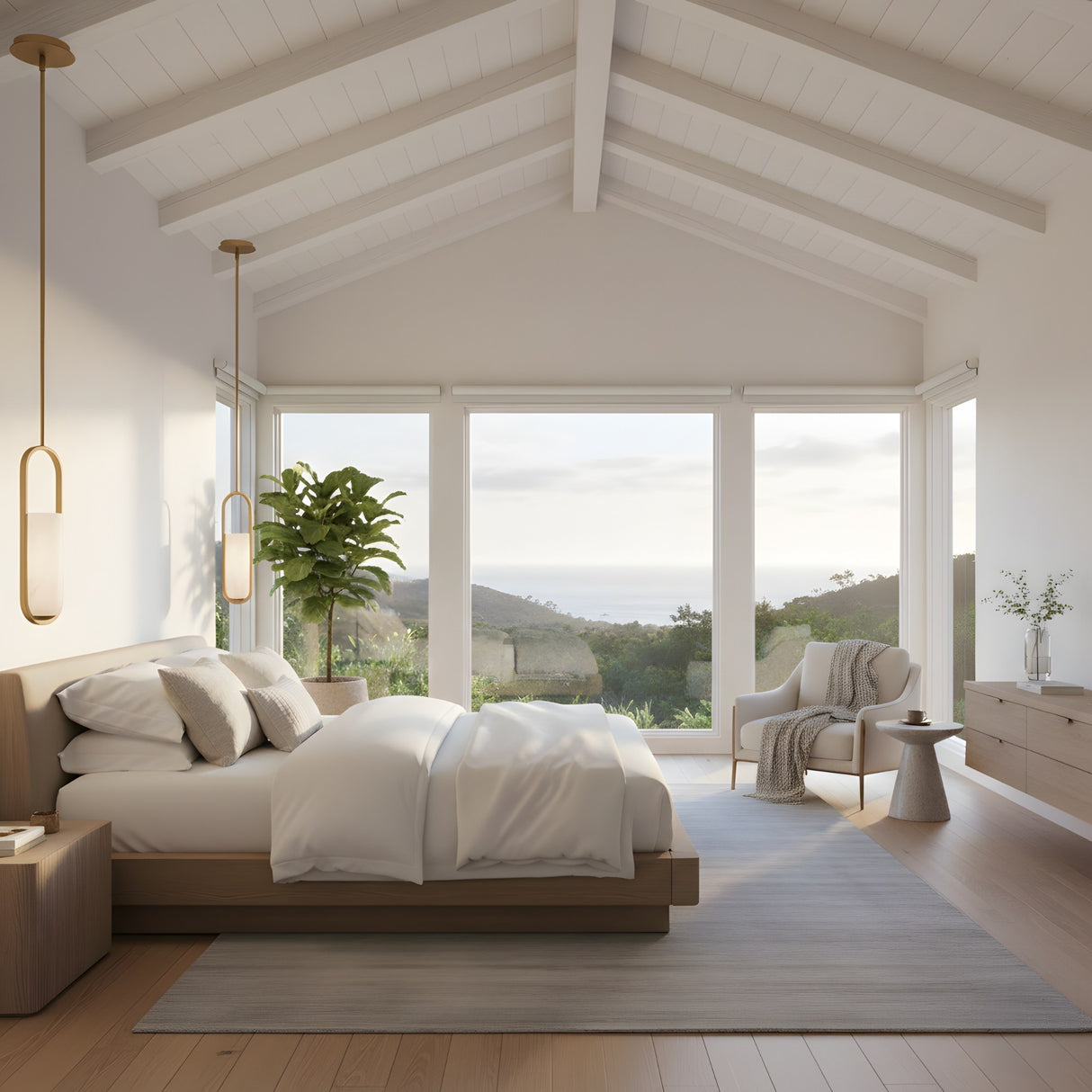 A bright, modern bedroom with a vaulted white ceiling, large windows showcasing hills and ocean views, a wooden bed with white bedding, plant, armchair, minimalist decor, and the Eliona 1 Light Capsule Alabaster Pendant illuminating the serene space.