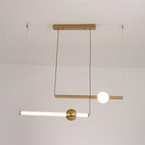 Niori Sottile LED horizontal suspension light with two slim brushed gold linear tubes and a frosted white opal globe, shown against a plain ceiling.