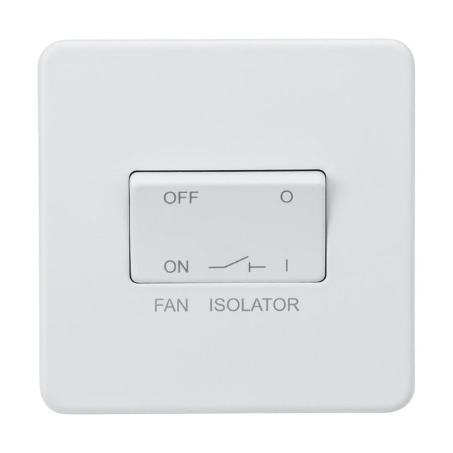 The 10AX Fan Isolator Switch - Matt White (Screwless) features a minimalist design with a matt white finish. It offers two positions, Off and On, on a sleek square plate labeled Fan Isolator, seamlessly blending into any modern decor.
