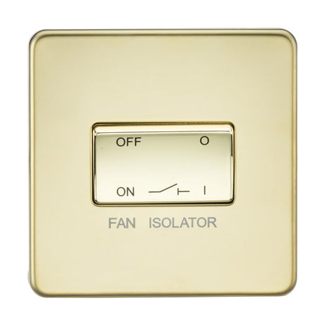 The 10AX Fan Isolator Switch in Polished Brass (Screwless) showcases a sleek metal design. It features ON and OFF labels, presently set to the OFF position, with "FAN ISOLATOR" elegantly inscribed below.