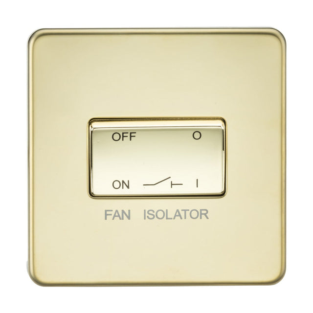 The 10AX Fan Isolator Switch in Polished Brass (Screwless) showcases a sleek metal design. It features ON and OFF labels, presently set to the OFF position, with "FAN ISOLATOR" elegantly inscribed below.