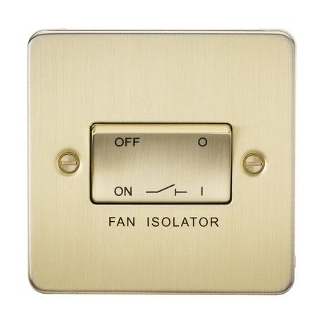 The 10AX Fan Isolator Switch in brushed brass features a minimalist design with ON and OFF positions. It has a triple-pole configuration, two side screws, and an elegantly labeled FAN ISOLATOR on the flat plate.
