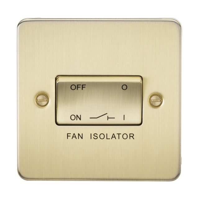 The 10AX Fan Isolator Switch in brushed brass features a minimalist design with ON and OFF positions. It has a triple-pole configuration, two side screws, and an elegantly labeled FAN ISOLATOR on the flat plate.