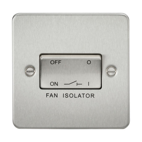 The 10AX Fan Isolator Switch - Brushed Chrome (Flat Plate) features a sleek low profile design with two visible screws on its finish, and the switch positions are labeled OFF at the top and ON at the bottom.