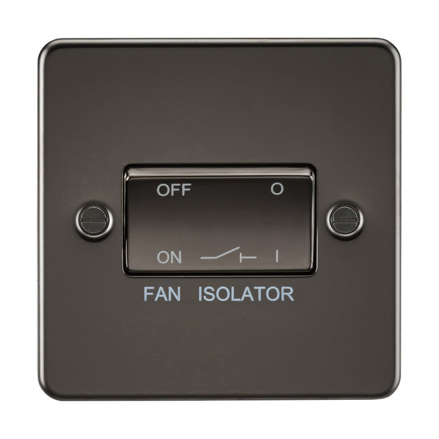 The 10AX Fan Isolator Switch in a stylish gunmetal flat plate design features a labeled on-off toggle and triple-pole configuration, currently in the Off position.