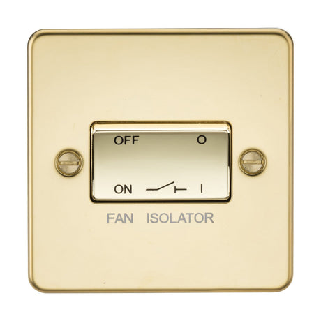 The 10AX Fan Isolator Switch in Polished Brass (Flat Plate) showcases a switch in the center set to ON, with OFF labeled above. This sophisticated triple pole design includes two screws, positioned on either side of the switch.