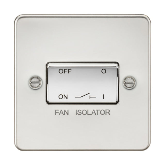 A 10AX Fan Isolator Switch with a polished chrome flat plate design, featuring a sleek rectangular appearance on a white background. This low-profile metal switch is labeled with OFF at the top and ON at the bottom and includes a small diagram showing the on/off positions.
