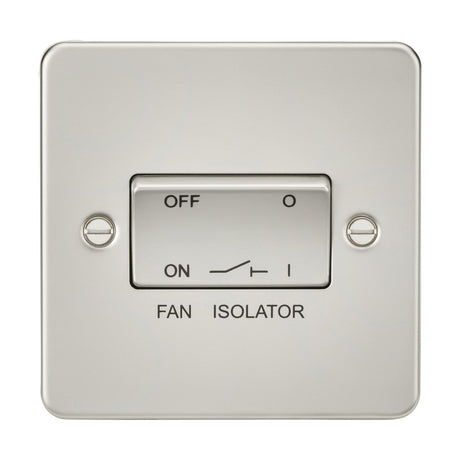 The 10AX Fan Isolator Switch - Pearl (Flat Plate) has a sleek ultra-low profile design with OFF and ON labels. Its currently in the off position, indicated by a straight line, and the words FAN ISOLATOR are elegantly printed below, flanked by two visible screws.