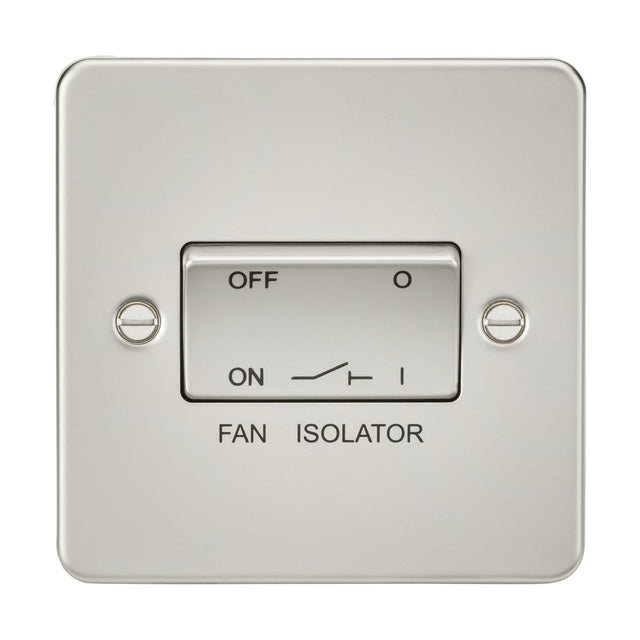 The 10AX Fan Isolator Switch - Pearl (Flat Plate) has a sleek ultra-low profile design with OFF and ON labels. Its currently in the off position, indicated by a straight line, and the words FAN ISOLATOR are elegantly printed below, flanked by two visible screws.