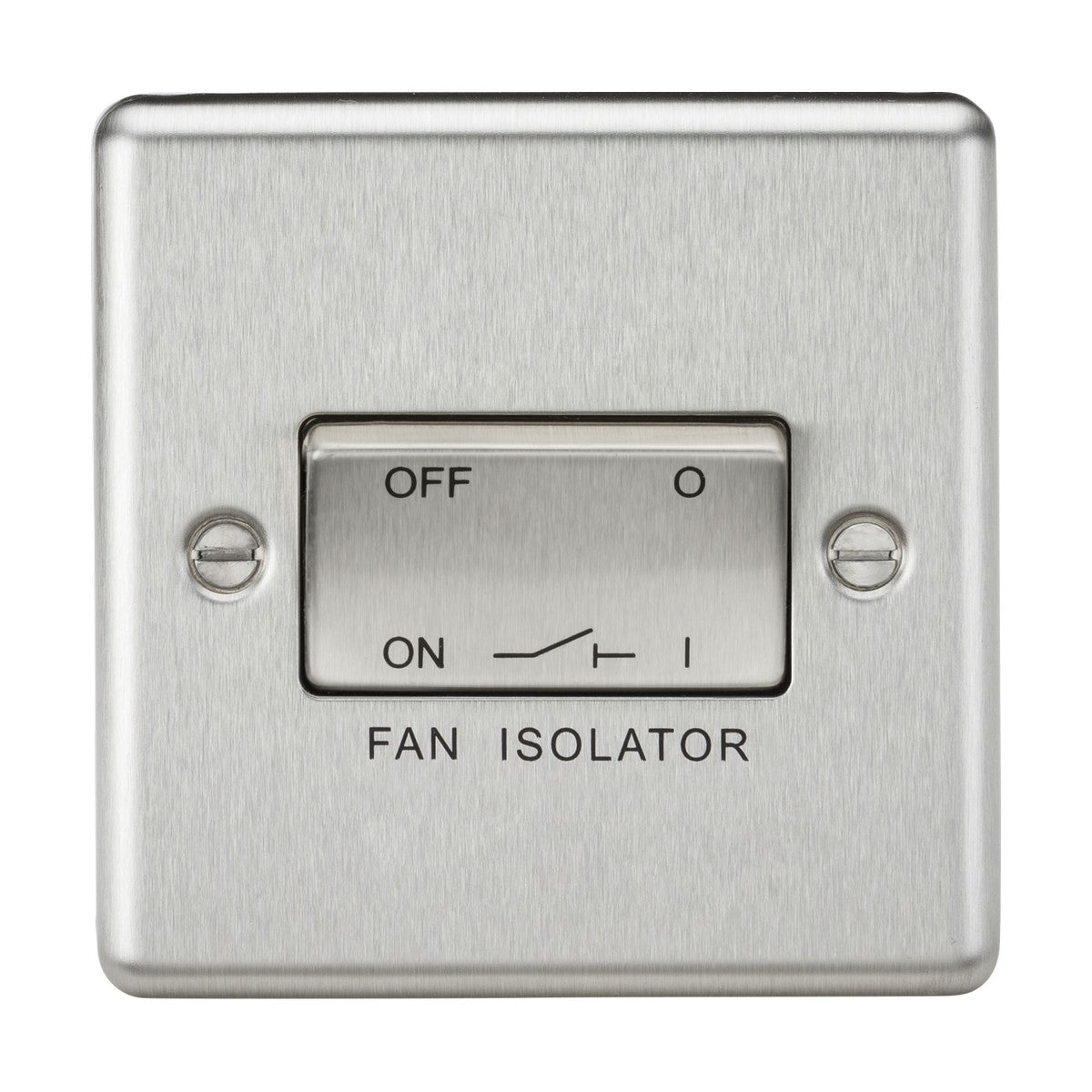 The 10AX Fan Isolator Switch - Brushed Chrome (Rounded Edge) features a durable metal design with a sleek toggle labeled ON and OFF, currently set to the OFF position.