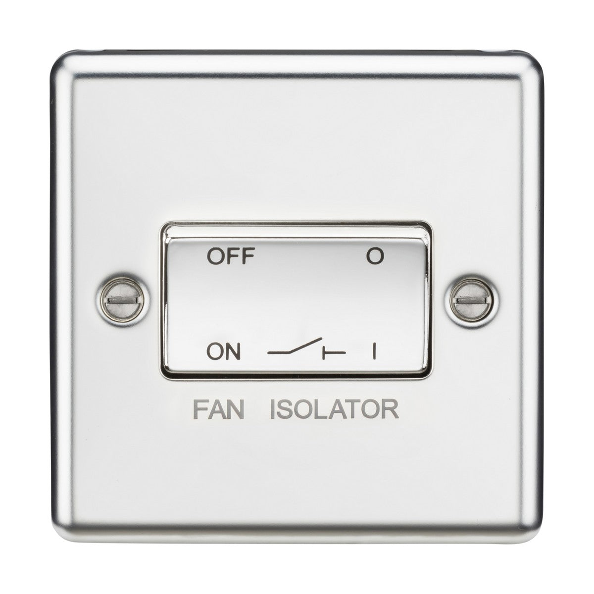 A 10AX Fan Isolator Switch with a polished chrome finish and a rounded edge features an off and on lever, labeled "FAN ISOLATOR" below it. The triple pole switch is mounted securely with two screws on each side.