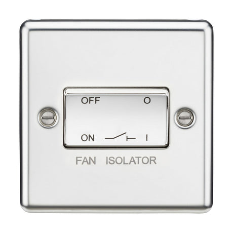 A 10AX Fan Isolator Switch with a polished chrome finish and a rounded edge features an off and on lever, labeled "FAN ISOLATOR" below it. The triple pole switch is mounted securely with two screws on each side.