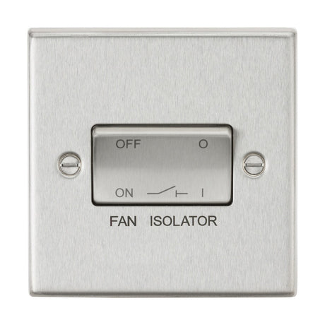 The 10AX Fan Isolator Switch in brushed chrome with a square edge design features two visible screws and is clearly labeled with ON and OFF, currently positioned in the ON setting.