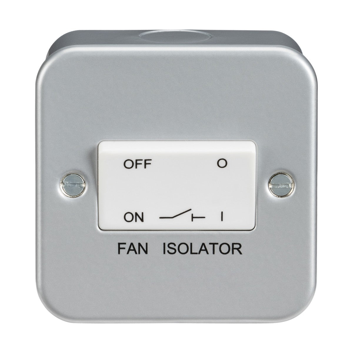 The Metal Clad 10AX Fan Isolator Switch comes in silver and includes a durable powder-coated surface. It is designed with two positions, ON and OFF, and mounted on a robust heavy-duty metal clad box with a square plate. The switch features triple pole functionality, visible screws, and is labeled FAN ISOLATOR.