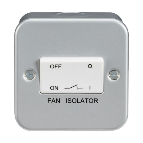 The Metal Clad 10AX Fan Isolator Switch comes in silver and includes a durable powder-coated surface. It is designed with two positions, ON and OFF, and mounted on a robust heavy-duty metal clad box with a square plate. The switch features triple pole functionality, visible screws, and is labeled FAN ISOLATOR.