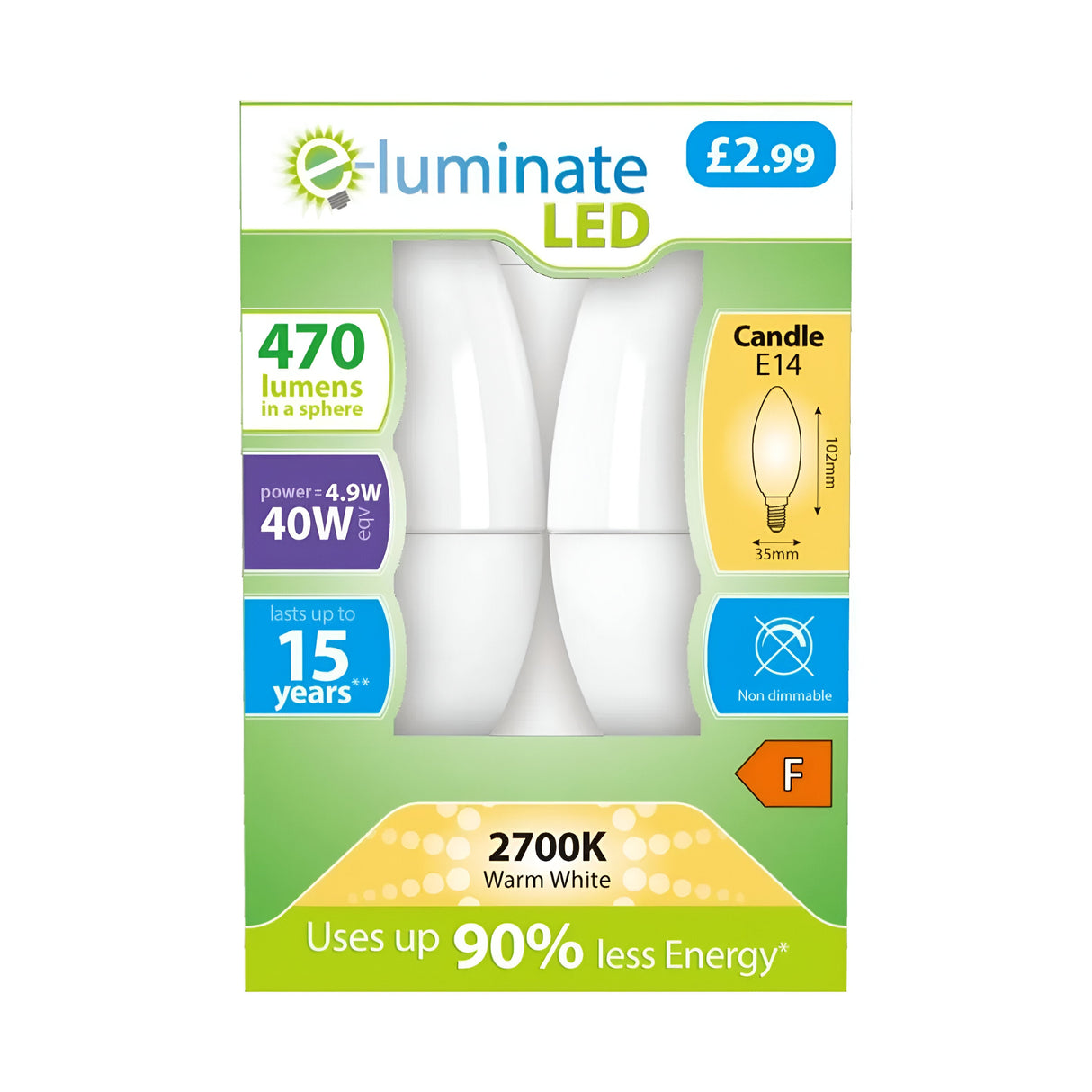 The E-Luminate 4.9W Non-Dimmable LED Candle Bulb, available in a pack of two and featuring an E14 base, is priced at Â£2.99. These energy-efficient bulbs provide 470 lumens and are a 40W equivalent, lasting up to 15 years while using 90% less energy. They offer a warm white glow of 2700K and have an energy efficiency class F rating.
