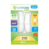 The E-Luminate 4.9W Non-Dimmable LED Candle Bulb, available in a pack of two and featuring an E14 base, is priced at Â£2.99. These energy-efficient bulbs provide 470 lumens and are a 40W equivalent, lasting up to 15 years while using 90% less energy. They offer a warm white glow of 2700K and have an energy efficiency class F rating.