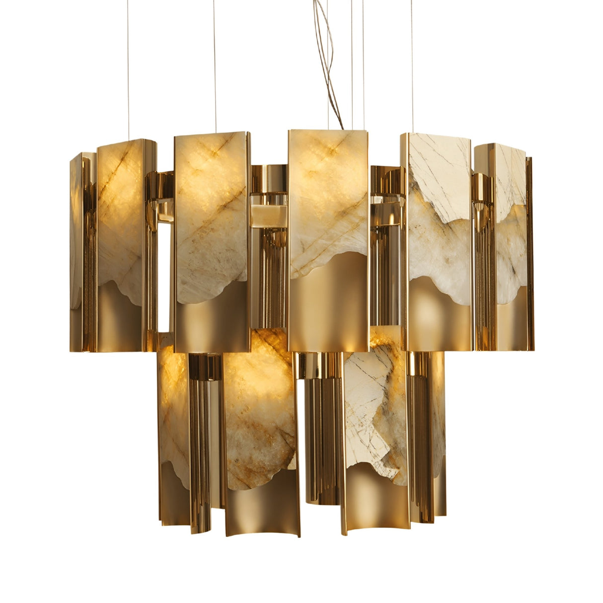 Caelith LED 2 Tier Panel Alabaster Chandelier – Brushed Brass