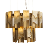 The Caelith LED 2 Tier Panel Alabaster Chandelier in brushed brass features overlapping alabaster panels and slim wires, casting a warm glow through translucent sections for a sophisticated, modern look.