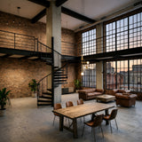 A spacious industrial loft with large grid windows, exposed brick walls, a black spiral staircase, leather sofas, potted plants, and a wooden dining table with chairs. The Sottile LED Combination Suspension Light in gold adds elegance as city buildings glow at sunset.