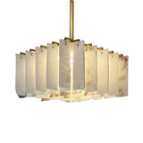 The Lunaro 20 Light Tiered Panel Alabaster Chandelier in Brushed Brass & Soft White features layered, geometric semi-translucent panels for sophisticated modern interior lighting.