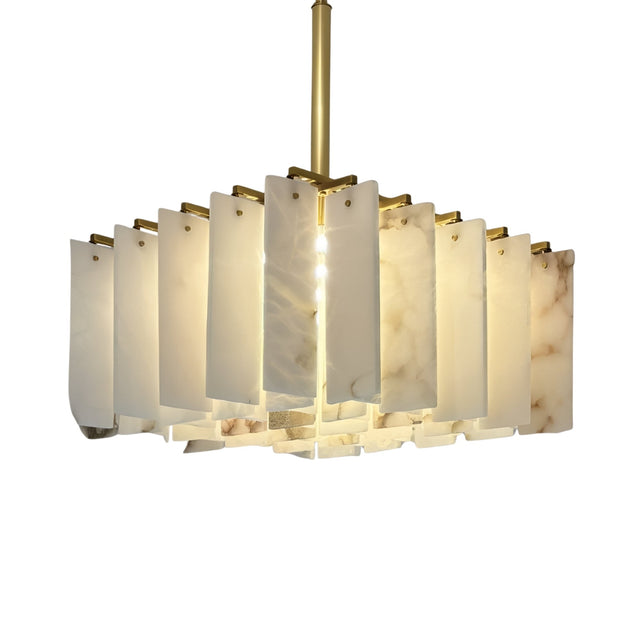 The Lunaro 20 Light Tiered Panel Alabaster Chandelier in Brushed Brass & Soft White features layered, geometric semi-translucent panels for sophisticated modern interior lighting.