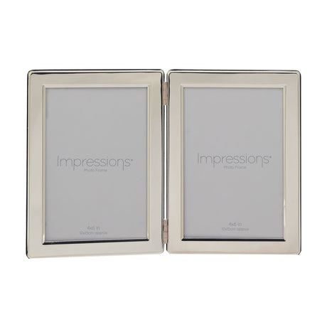 Silverplated double hinged photo frame with two rectangular 6 x 4in portrait openings joined by a central hinge, polished silver metal border, on a plain white background.