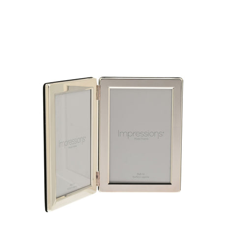 Silverplated double hinged photo frame for two 6 x 4in portrait photos, book-style design with polished silver borders, shown open on a white background.