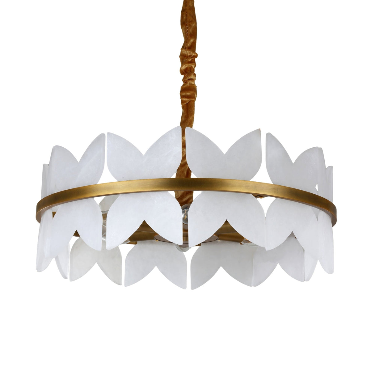 Niori Petraia 6 Light Floral Alabaster Chandelier in brushed brass with two staggered rings of white petal panels and a fabric-wrapped cable.