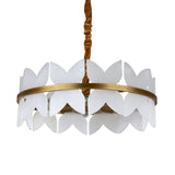 Niori Petraia 6 Light Floral Alabaster Chandelier in brushed brass with two staggered rings of white petal panels and a fabric-wrapped cable.