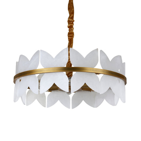 Niori Petraia 6 Light Floral Alabaster Chandelier in brushed brass with two staggered rings of white petal panels and a fabric-wrapped cable.