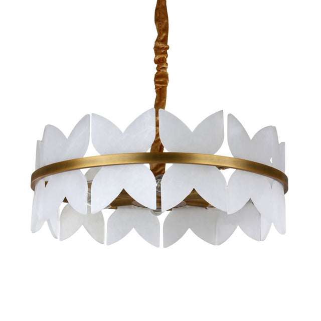 Niori Petraia 6 Light Floral Alabaster Chandelier in brushed brass with two staggered rings of white petal panels and a fabric-wrapped cable.