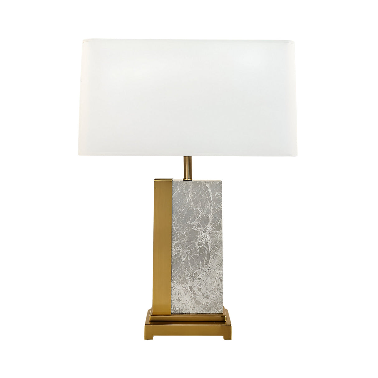 The Orvani 1 Light Structured Form Marble Table Lamp features a brass and grey marble base with a rectangular white shade, offering modern elegance for any space.