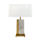 The Vellum 1 Light Structured Form Marble Table Lamp features a brass and grey marble base with a rectangular white shade, ideal for adding contemporary style to any modern lighting setup.