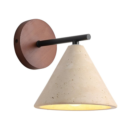 The Trevino 1 Light Conical Travertine Wall Light features a walnut brown round base, black metal arm, and a light beige conical travertine shade—perfect as a modern accent for any room.
