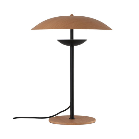 The Ginger LED Table Lamp in Black & Oak features a round wooden base, slim black metal stem, and wide dome wood shade for eco-friendly lighting. Its black power cord extends from the base, shown against a white background.