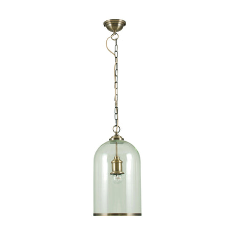 Cloche Clear Glass & Antique Brass Pendant Light, 20cm dome shade on a chain suspension with ceiling rose, shown against a plain white background.