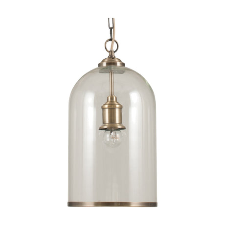 Cloche Clear Glass & Antique Brass Pendant Light, 20cm dome-shaped shade with exposed bulb and brass fitting, suspended on chain against a white background.