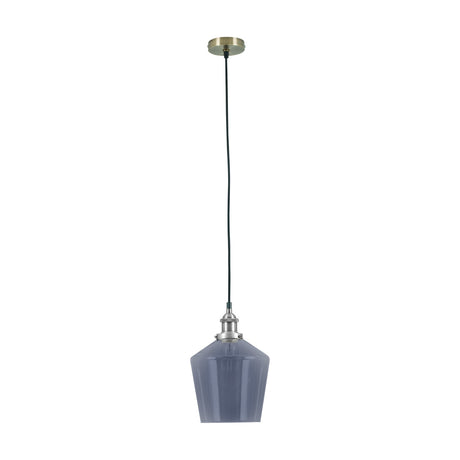 Emmanuelle pendant light with a tapered smoke glass shade, antique silver metal fitting, and black cable on a round ceiling rose, shown against a plain white background.